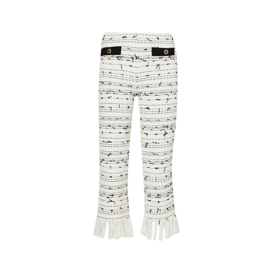 Pantalone in misto cotone cropped con frange al fondo e tasche decorative con bottone logato