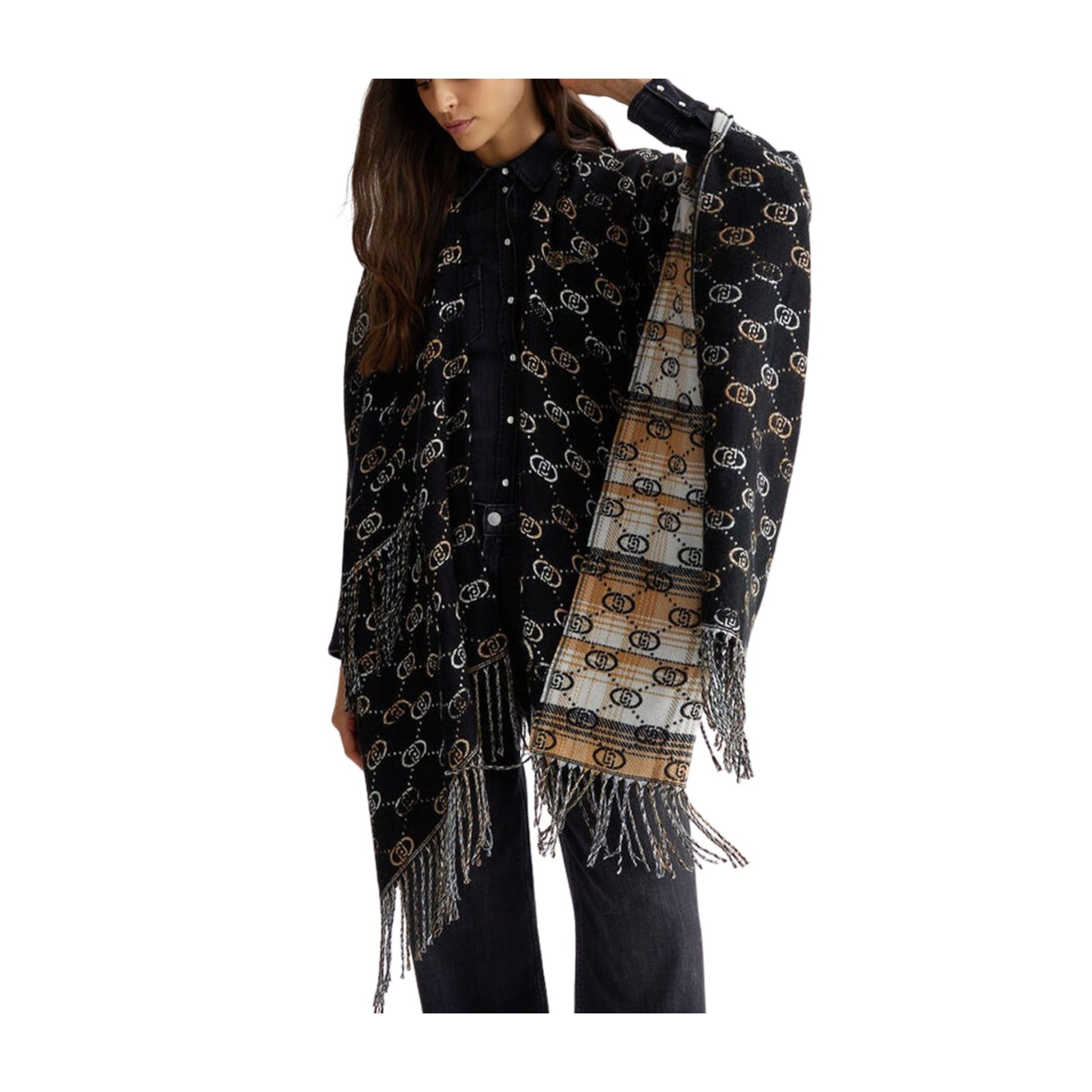 Poncho con logo jacquard all over Nero