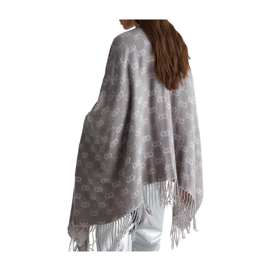 Retro Poncho con logo jacquard e frange sul fondo