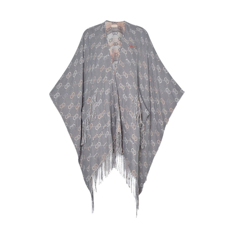 Poncho con logo jacquard e frange sul fondo