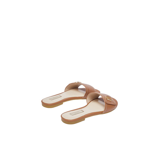 Ciabatte flat in pelle marrone con logo oro