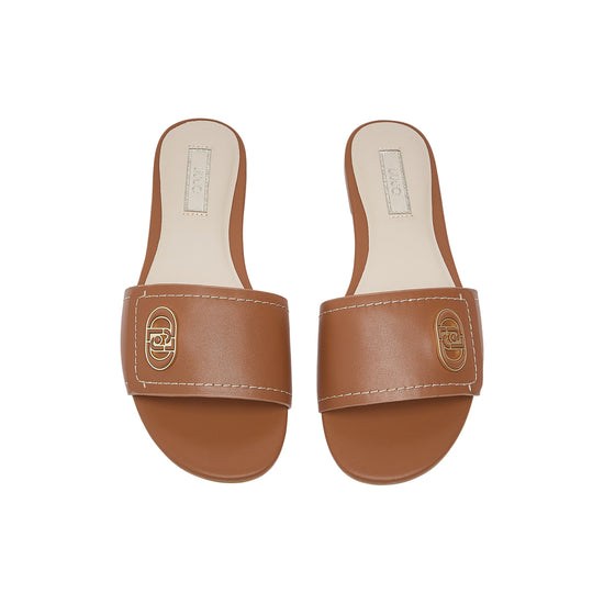 Ciabatte flat in pelle marrone con logo oro