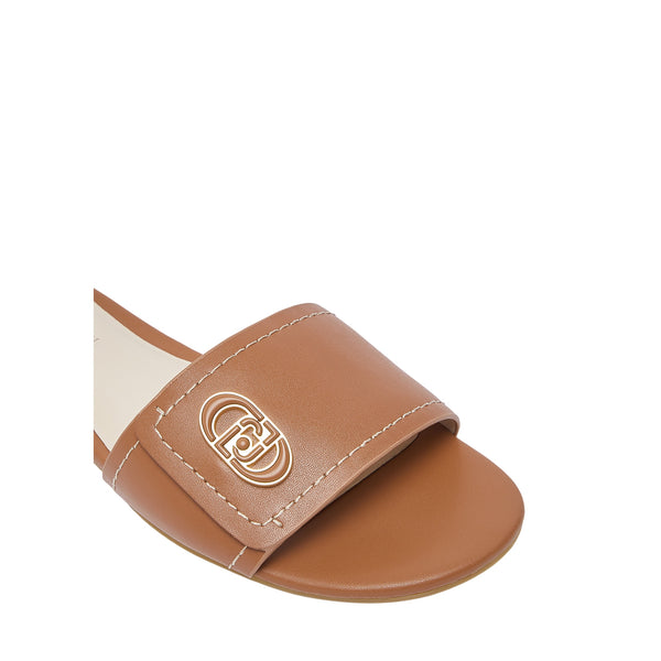 Ciabatte flat in pelle marrone con logo oro