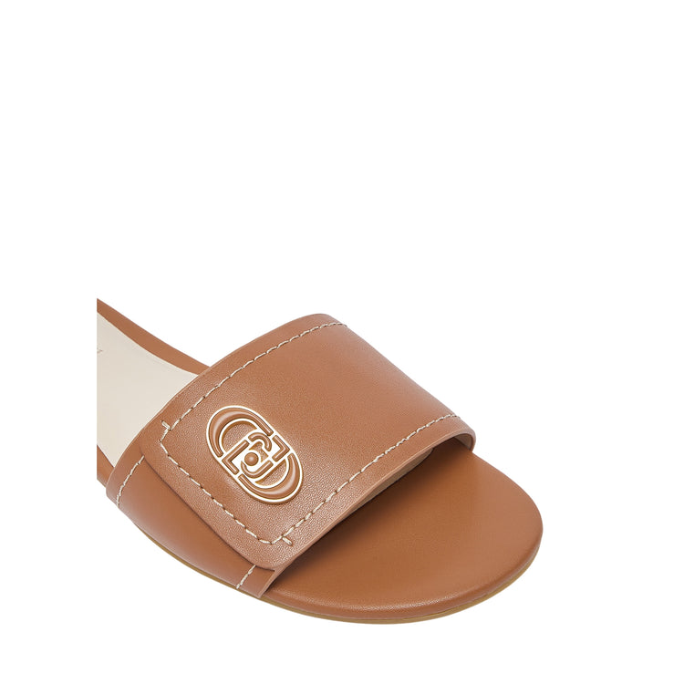 Ciabatte flat in pelle marrone con logo oro
