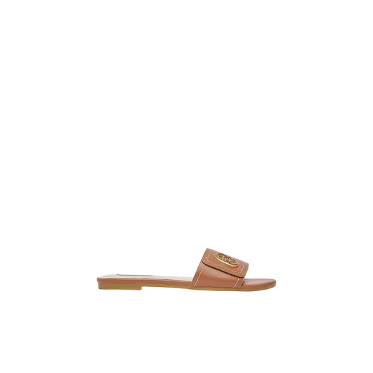 Ciabatte flat in pelle marrone con logo oro