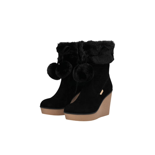 Stivaletti Donna con zeppa e pompon Nero
