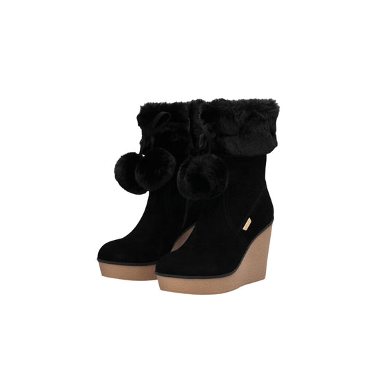 Stivaletti Donna con zeppa e pompon Nero