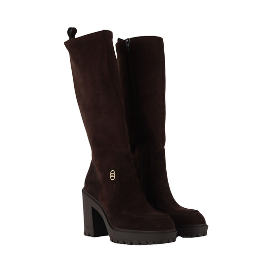 Stivale Donna in suede marrone scuro con tacco