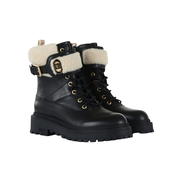 Anfibi Donna in pelle nera con ecopelliccia