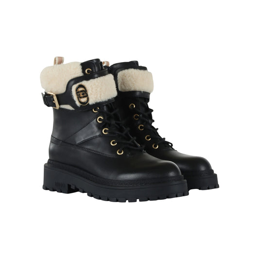 Anfibi Donna in pelle nera con ecopelliccia