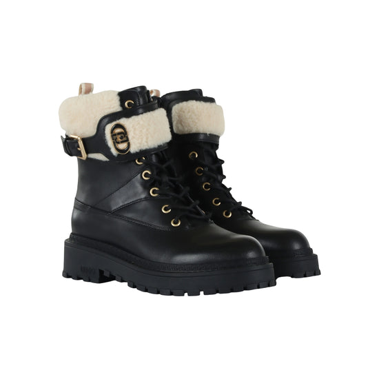 Anfibi Donna in pelle nera con ecopelliccia