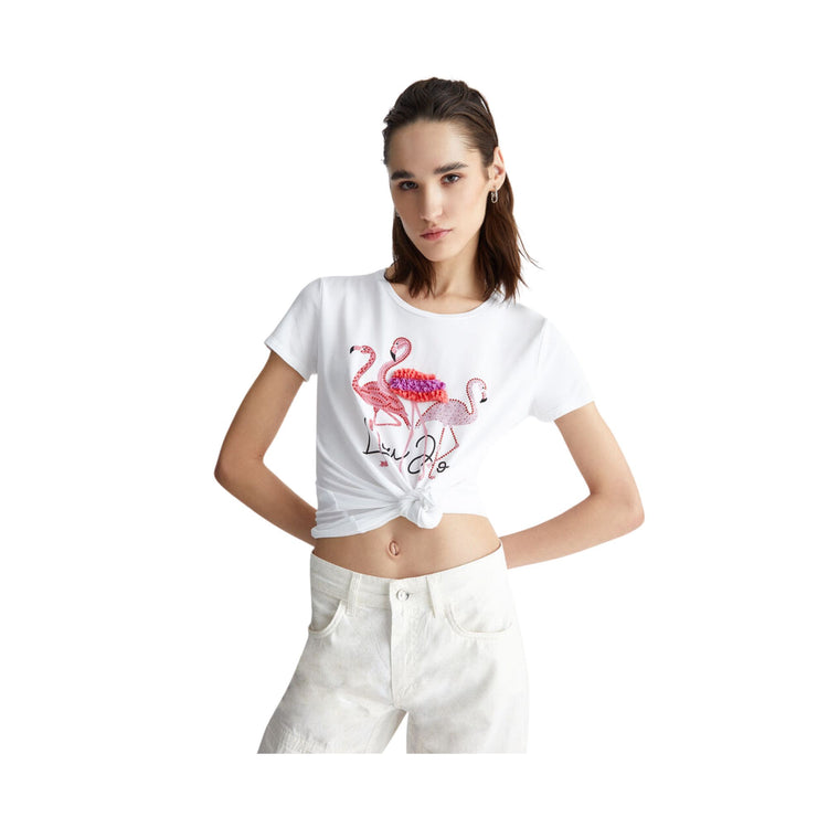 Modella con T-shirt con maniche corte e stampa di animale sul petto colore Bianco