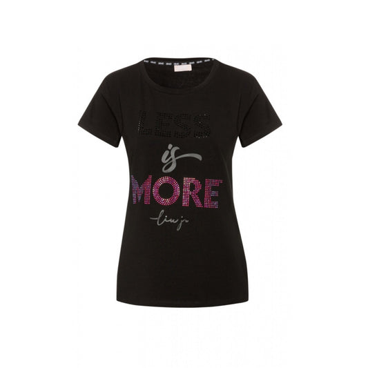 Immagine frontale T-shirt a maniche corte con girocollo e scritta MORE con strass e logo.