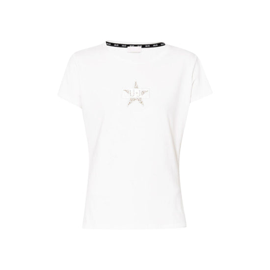 T-shirt a maniche corte con stampa e strass colore Bianco