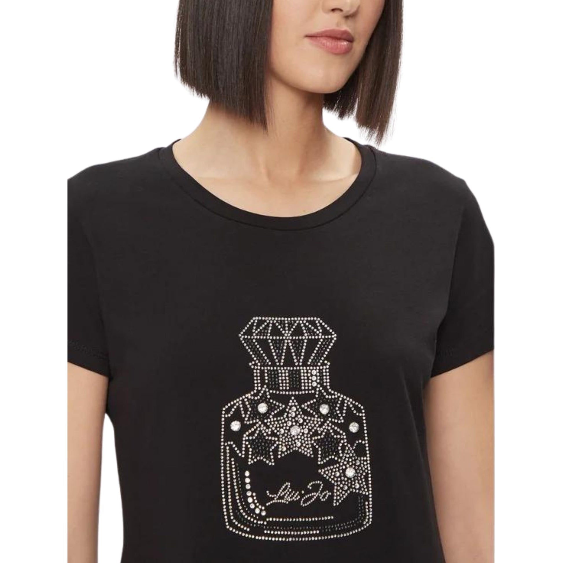 Dettaglio ravvicinato T-shirt con stampa e strass colore Nero