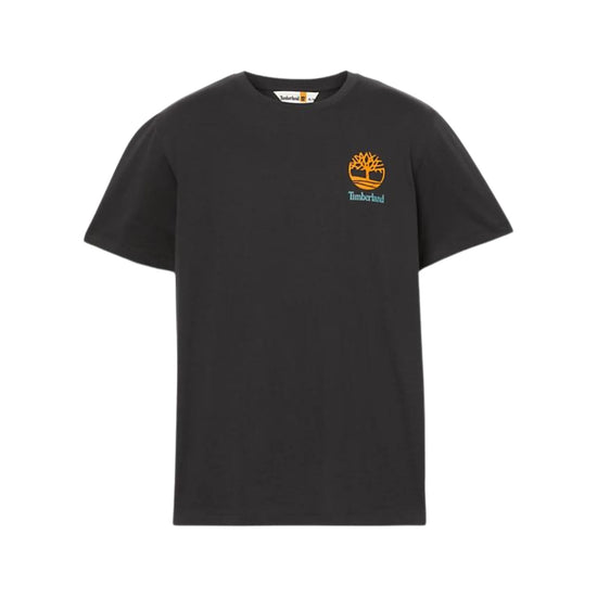 T-shirt nera con logo grafico sul petto e sul retro 