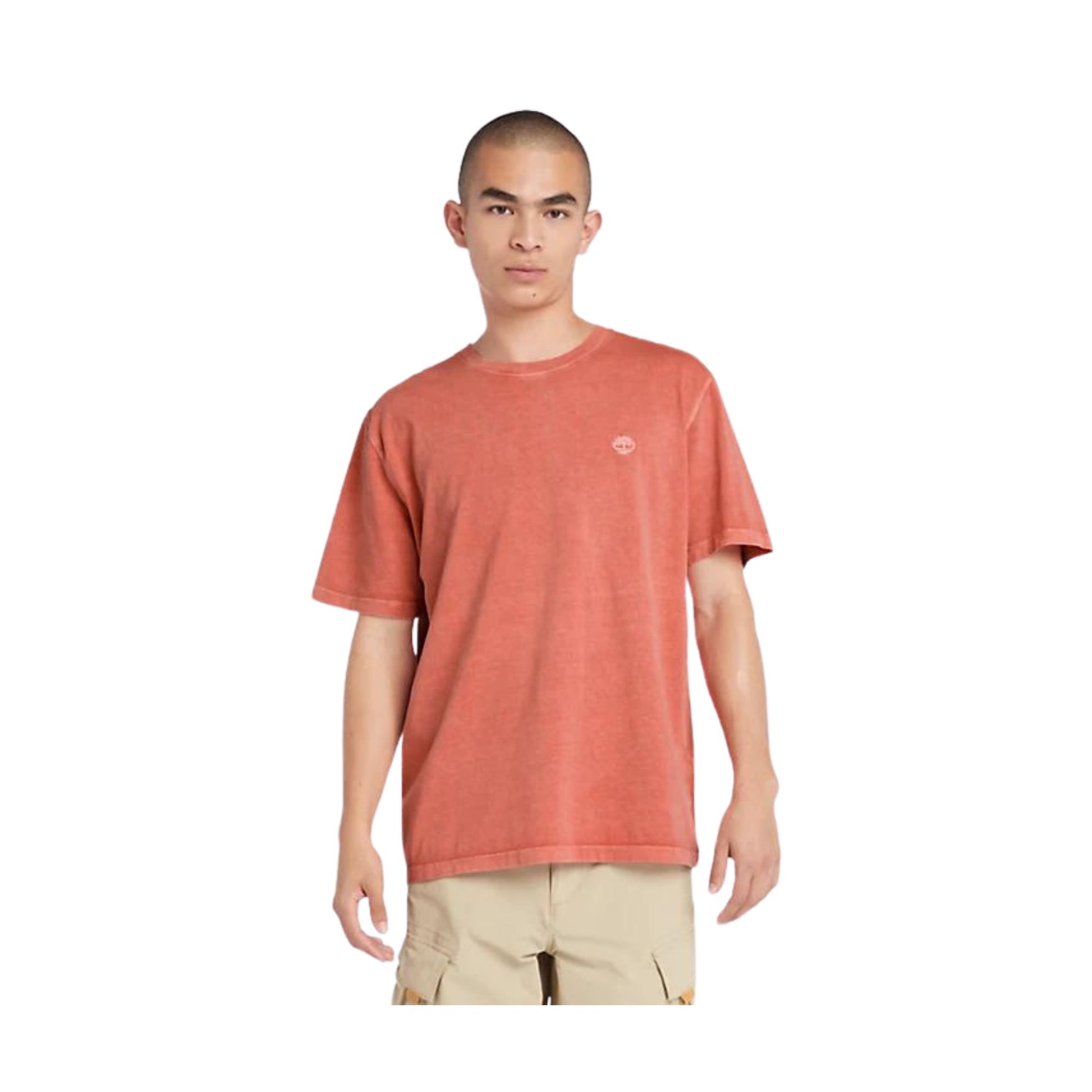 Modello con T-shirt in cotone con logo ricamato sul petto colore Arancione