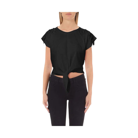 Women's T-shirt with beads on the shoulders