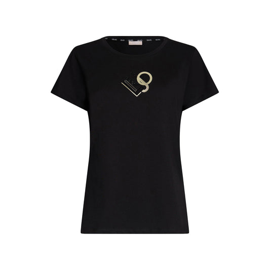 T-shirt Donna nera, in cotone elasticizzato, a maniche corte