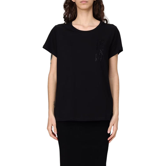 T-shirt Donna nera in cotone con fondo con orlo dritto