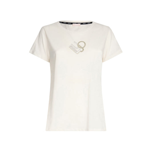 T-shirt Donna bianca, in cotone elasticizzato, con maniche corte