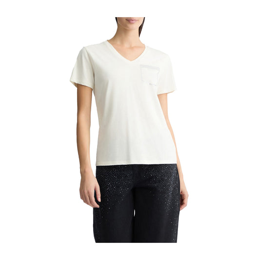 T-shirt Donna bianca con finto taschino sul petto e scollatura girocollo