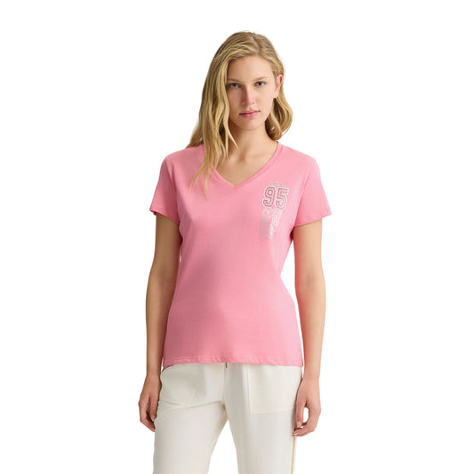 T-shirt Rosa da Donna con scollo a V e stampa modella frontale