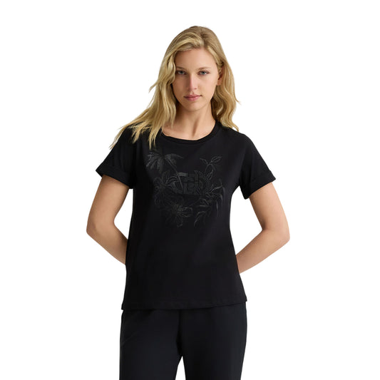 T-shirt Donna in cotone con strass Nero modella frontale