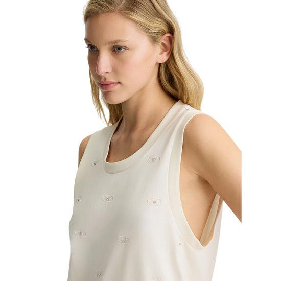 Top Donna Bianco con logo e strass modella frontale ravvicinata