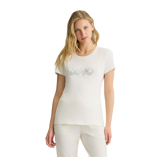 T-shirt Donna slim con logo strass Bianco modella frontale