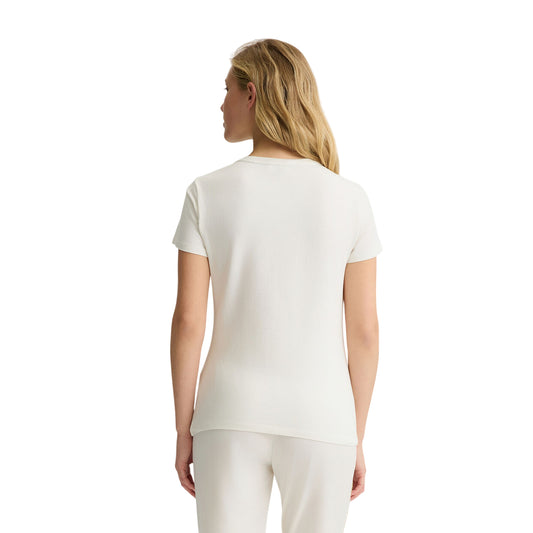 T-shirt Donna slim con logo strass Bianco modella retro