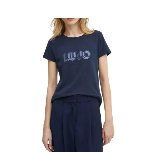 T-shirt Donna slim con logo strass blu