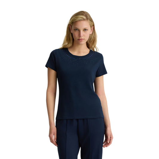 T-shirt Donna con strass a collana Blu modella frontale