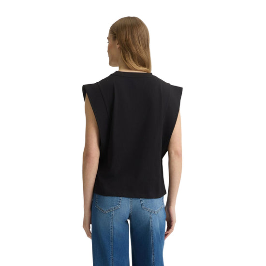 Top Nero da donna con logo strass al fondo modella retro