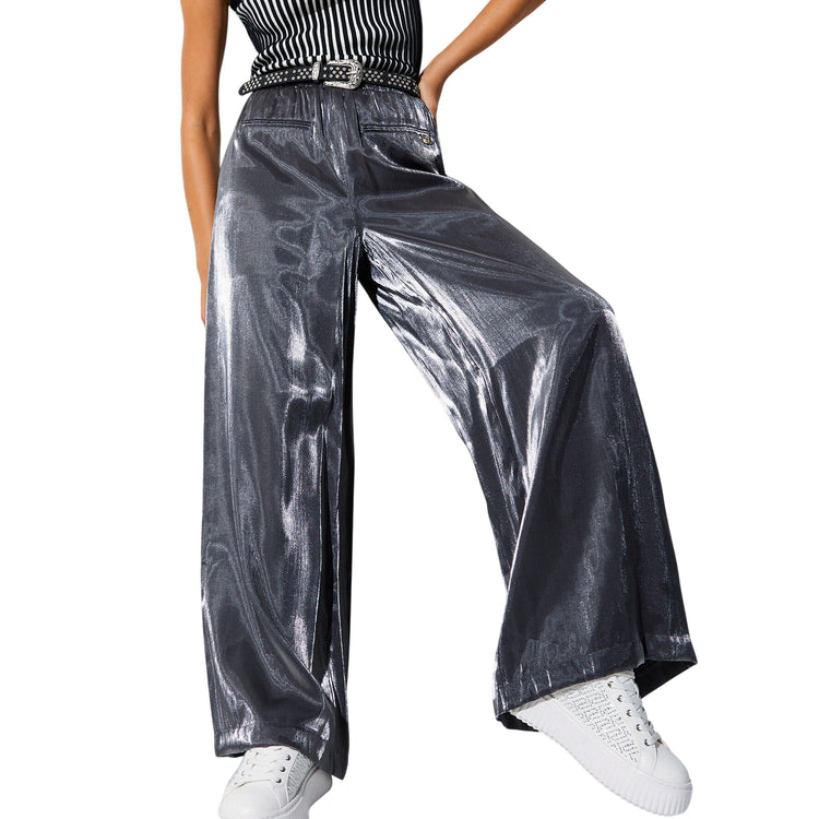 Pantaloni lunghi flare laminati grigi 