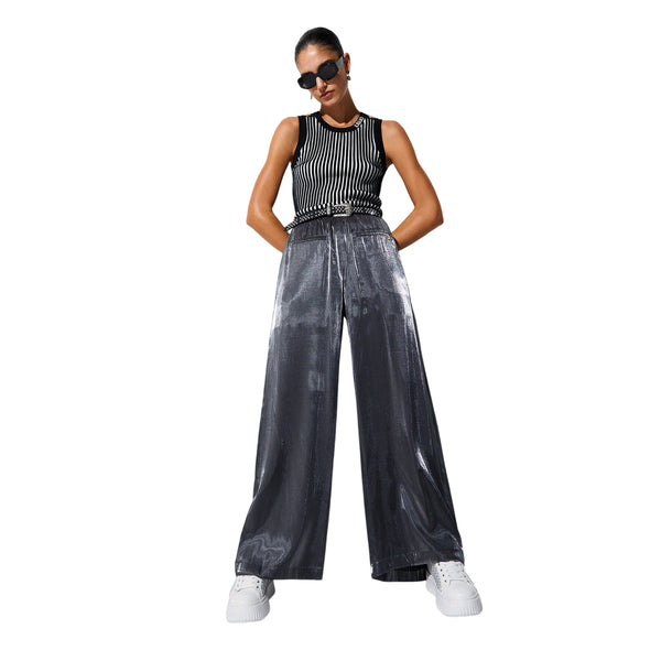 Pantaloni lunghi flare laminati grigi 