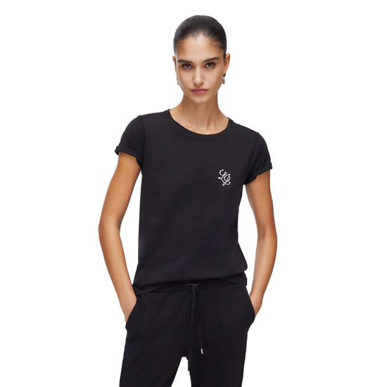 T-shirt Donna in nero con logo LJ strass modella frontale