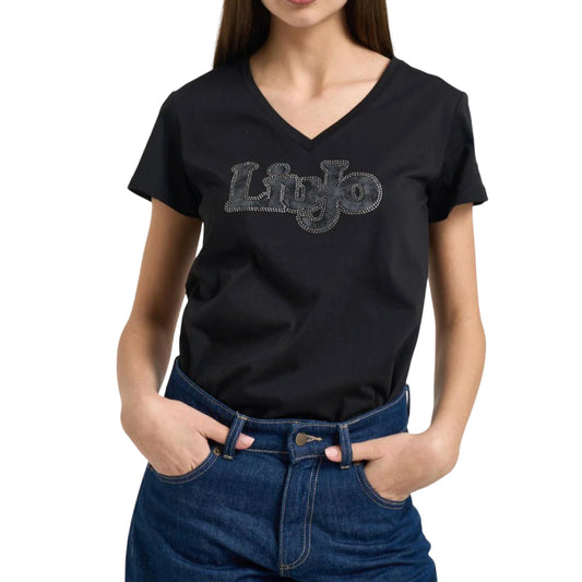 T-shirt Donna in cotone con logo decorato con strass