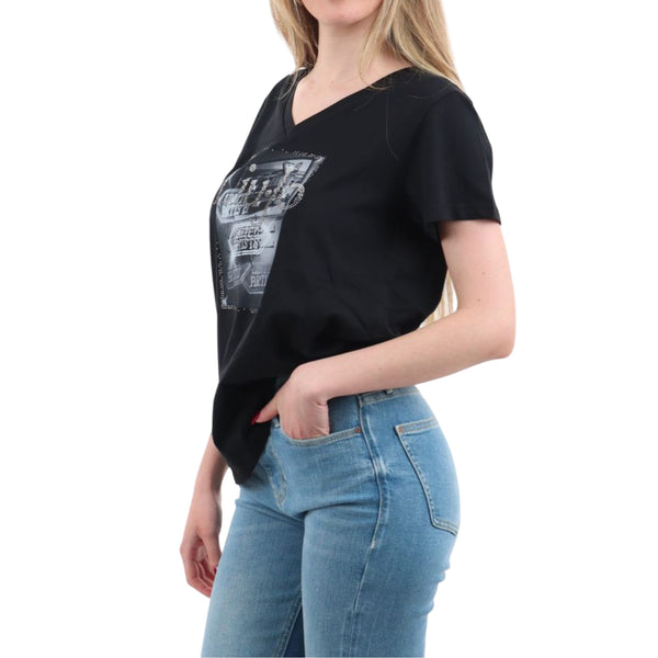 T-shirt Donna a tinta unita Nera, con stampa strass