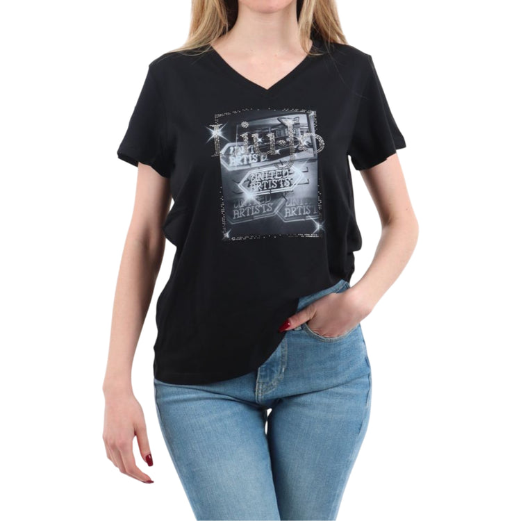 T-shirt Donna a tinta unita Nera, con stampa strass