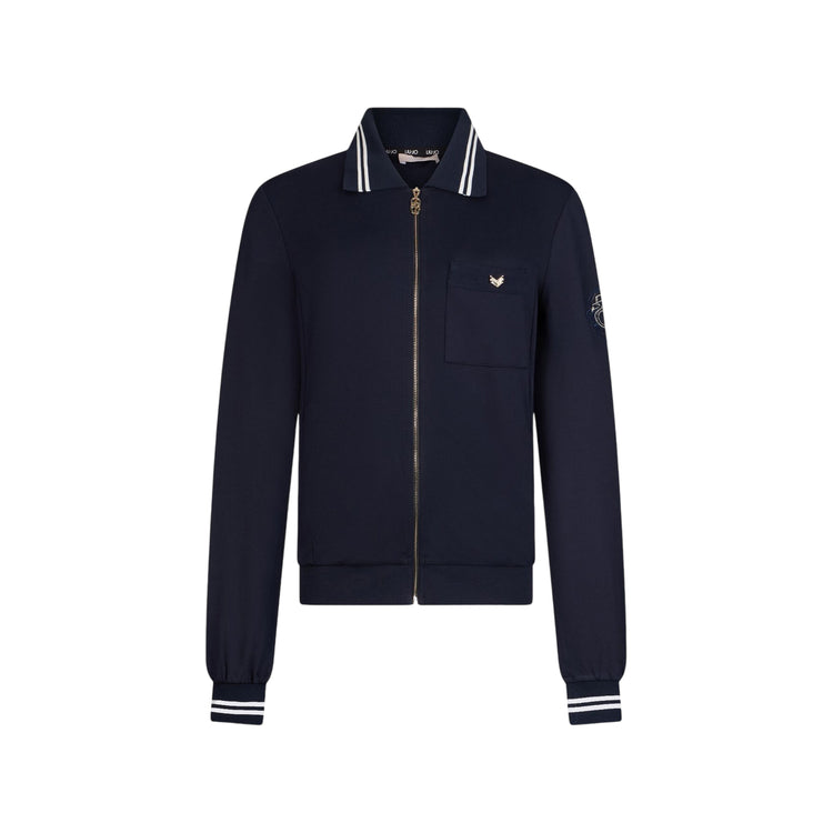 Felpa Donna Blu con colletto a righe e taschino