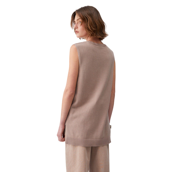 Top in maglia forata beige con logo 