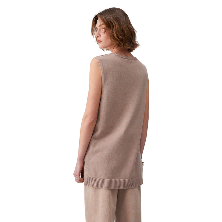 Top in maglia forata beige con logo 