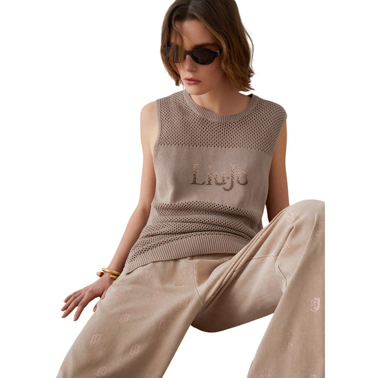 Top in maglia forata beige con logo 