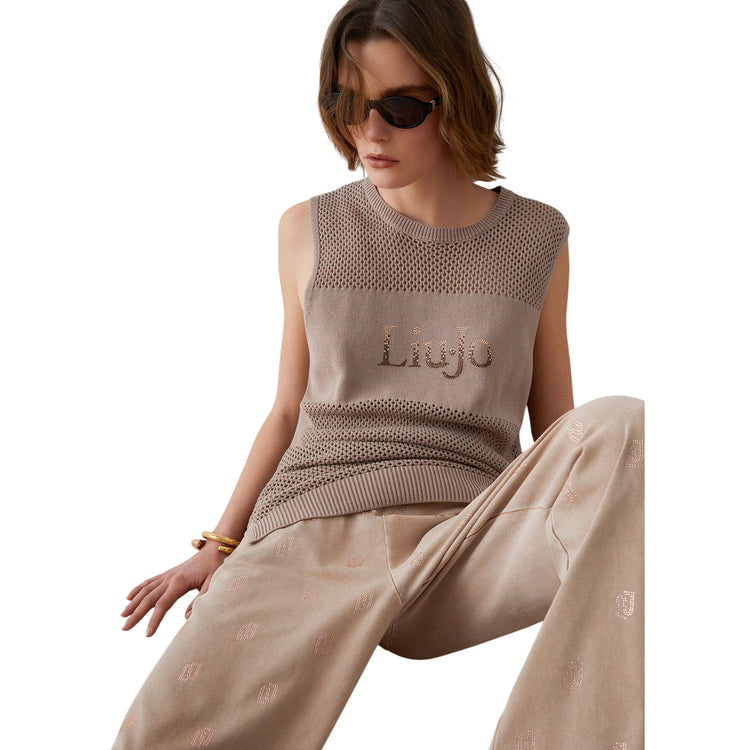 Top in maglia forata beige con logo 