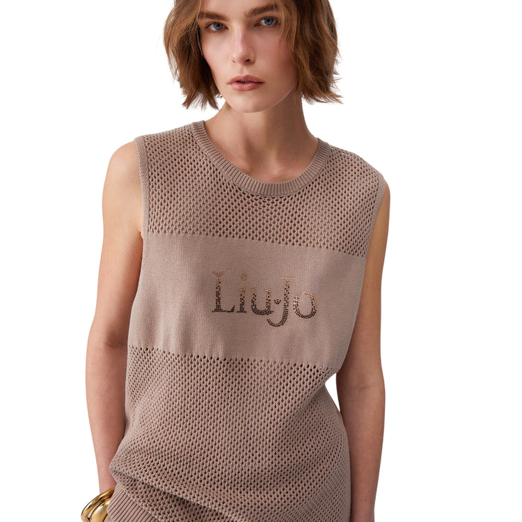 Top in maglia forata beige con logo 