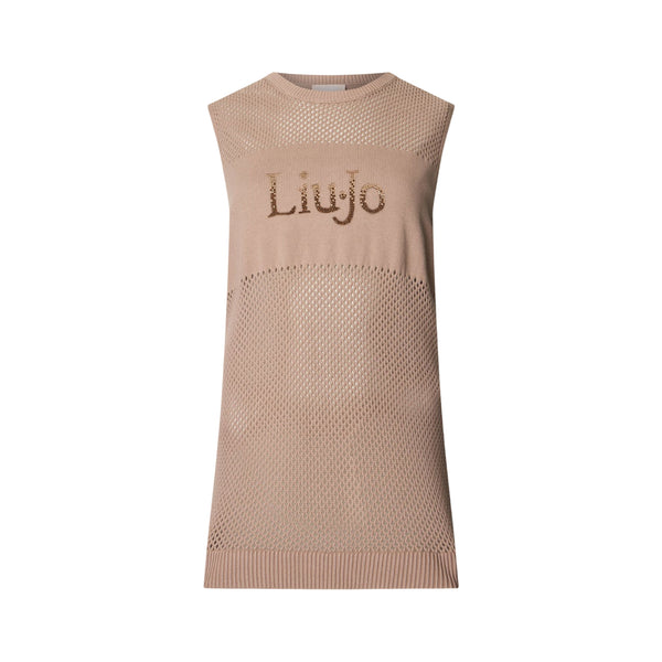 Top in maglia forata beige con logo 