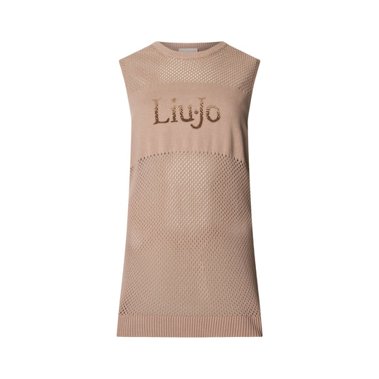 Top in maglia forata beige con logo