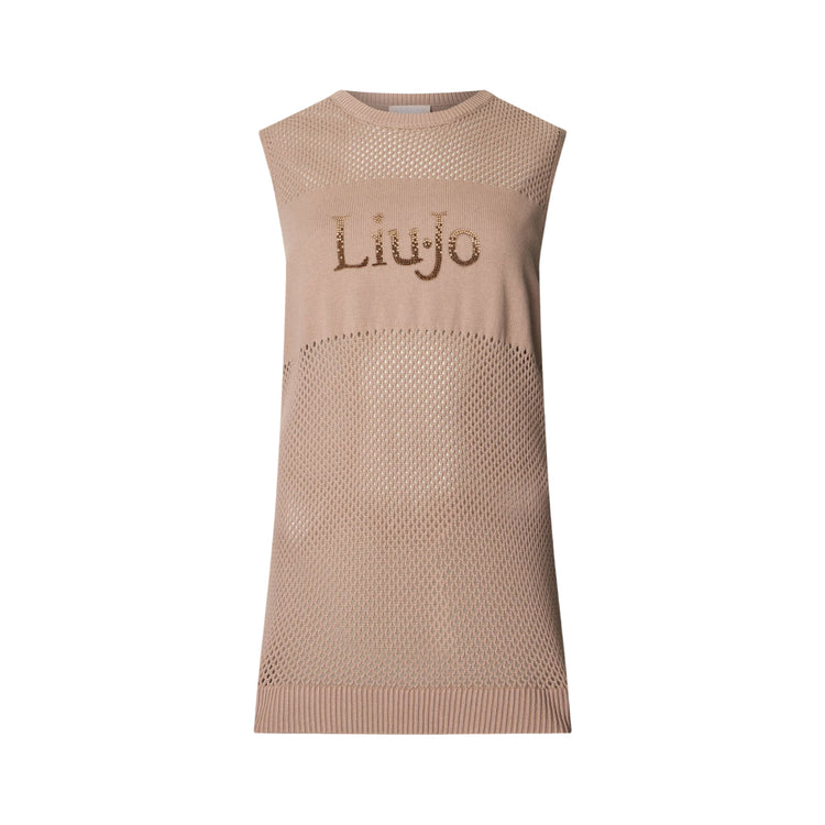 Top in maglia forata beige con logo 
