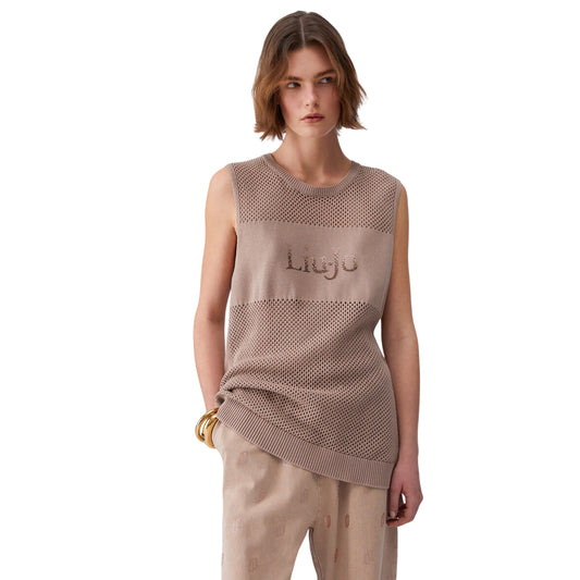 Top in maglia forata beige con logo 